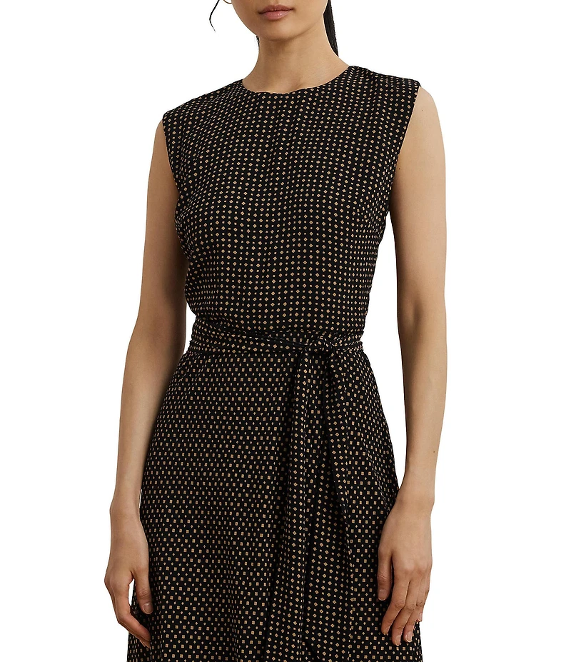 Lauren Ralph Lauren Petite Size Geometric Crepe Crew Neck Cap Sleeves Belted A-Line Dress