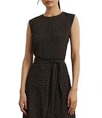 Lauren Ralph Lauren Petite Size Geometric Crepe Crew Neck Cap Sleeves Belted A-Line Dress