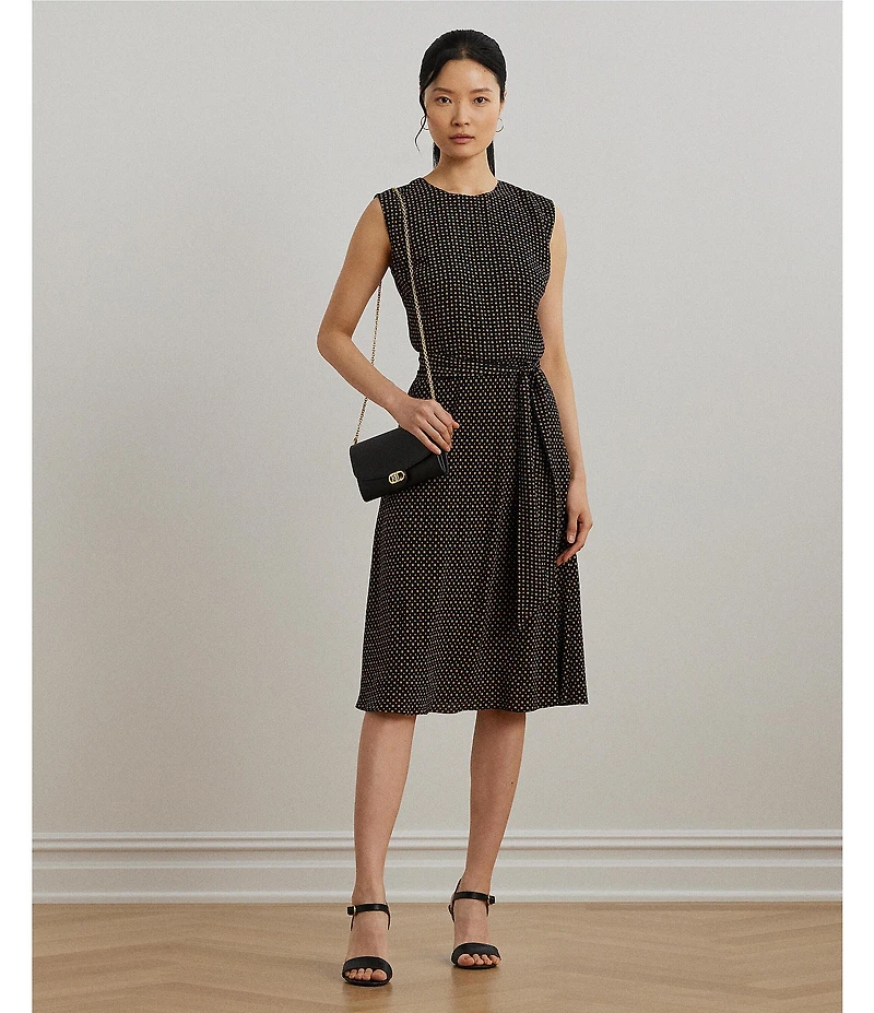 Lauren Ralph Lauren Petite Size Geometric Crepe Crew Neck Cap Sleeves Belted A-Line Dress