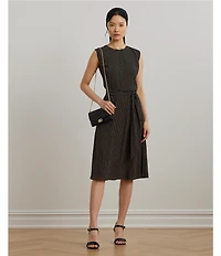 Lauren Ralph Lauren Petite Size Geometric Crepe Crew Neck Cap Sleeves Belted A-Line Dress