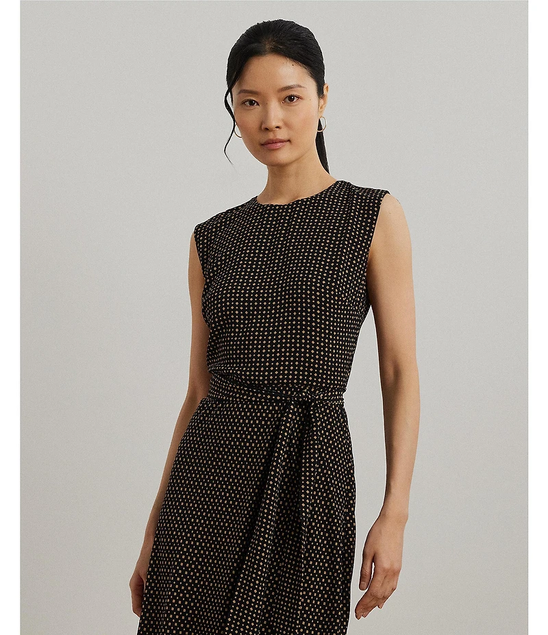 Lauren Ralph Lauren Petite Size Geometric Crepe Crew Neck Cap Sleeves Belted A-Line Dress