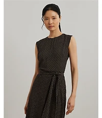 Lauren Ralph Lauren Petite Size Geometric Crepe Crew Neck Cap Sleeves Belted A-Line Dress