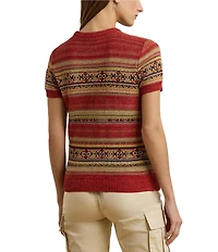 Lauren Ralph Lauren Petite Size Geometric Stripe Ribbed Crew Neck Short Sleeve Pullover Sweater