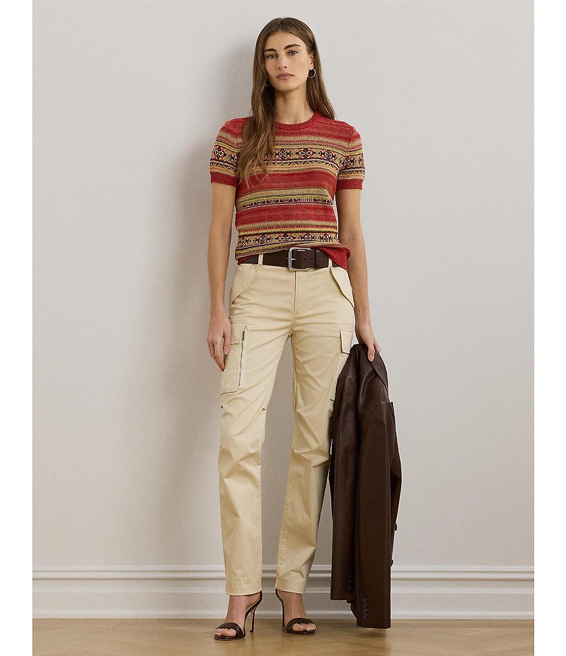 Lauren Ralph Lauren Petite Size Geometric Stripe Ribbed Crew Neck Short Sleeve Pullover Sweater