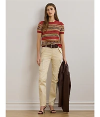 Lauren Ralph Lauren Petite Size Geometric Stripe Ribbed Crew Neck Short Sleeve Pullover Sweater