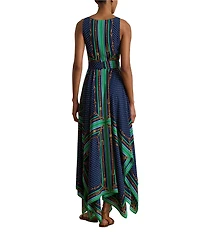 Lauren Ralph Lauren Petite Size Georgette Belting Polka-Dot Stripe V-Neck Sleeveless Handkerchief Hem Dress