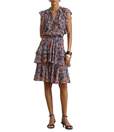 Lauren Ralph Lauren Petite Size Georgette Floral Ruffle Trim Tiered Skirt Dress