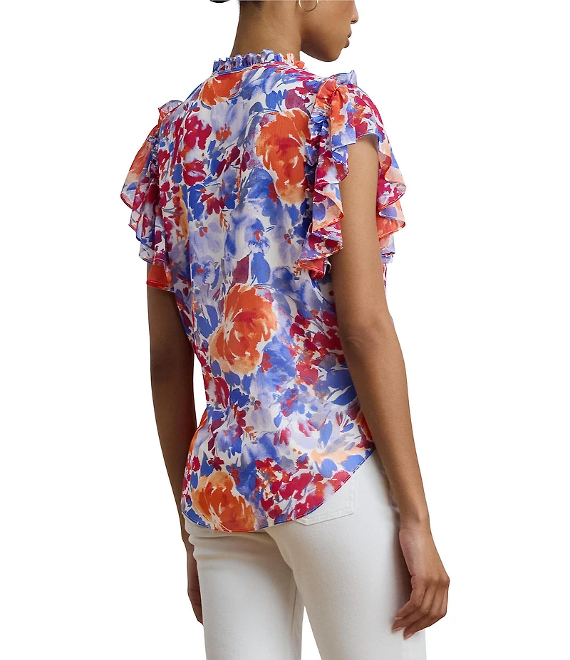 Lauren Ralph Lauren Petite Size Georgette Floral Ruffle Trim V-Neck Flutter Sleeve Blouse