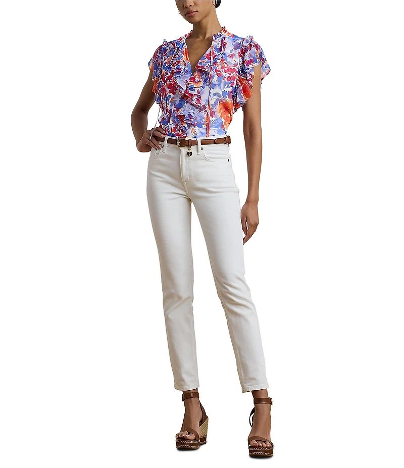 Lauren Ralph Lauren Petite Size Georgette Floral Ruffle Trim V-Neck Flutter Sleeve Blouse