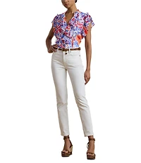 Lauren Ralph Lauren Petite Size Georgette Floral Ruffle Trim V-Neck Flutter Sleeve Blouse