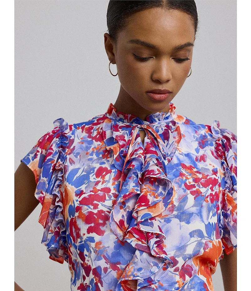 Lauren Ralph Lauren Petite Size Georgette Floral Ruffle Trim V-Neck Flutter Sleeve Blouse