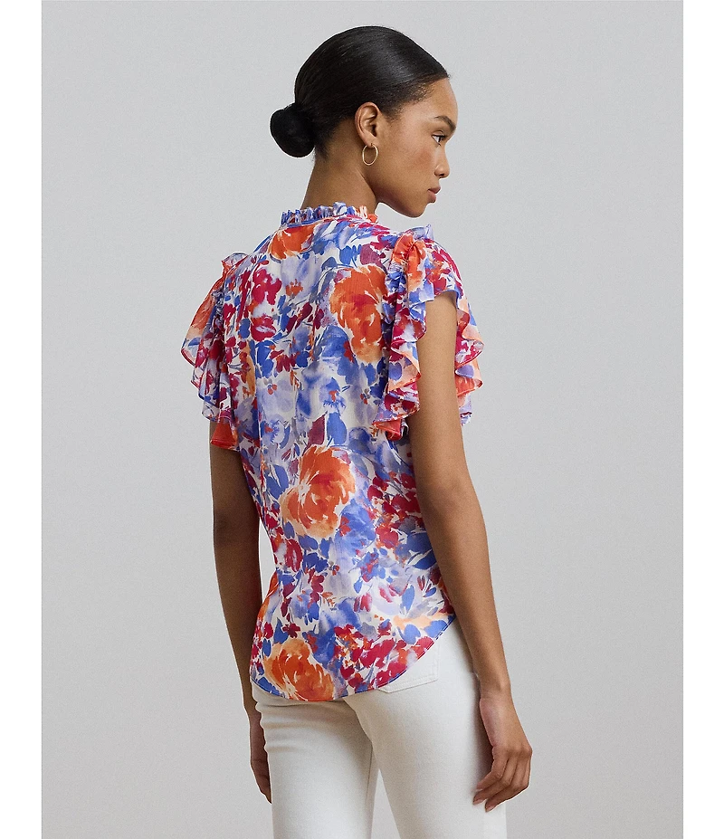 Lauren Ralph Lauren Petite Size Georgette Floral Ruffle Trim V-Neck Flutter Sleeve Blouse