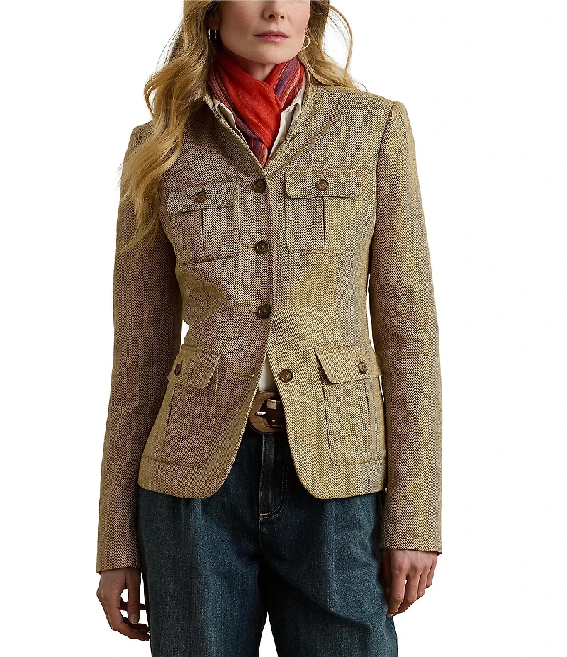 Lauren Ralph Lauren Petite Size Herringbone Linen Band Collar Long Sleeve Button Front Jacket