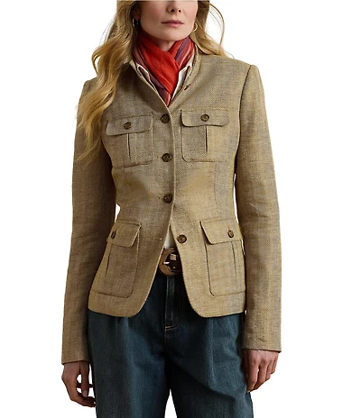 Lauren Ralph Lauren Petite Size Herringbone Linen Band Collar Long Sleeve Button Front Jacket