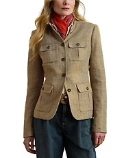 Lauren Ralph Lauren Petite Size Herringbone Linen Band Collar Long Sleeve Button Front Jacket