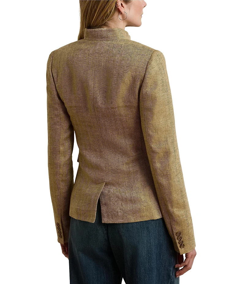 Lauren Ralph Lauren Petite Size Herringbone Linen Band Collar Long Sleeve Button Front Jacket