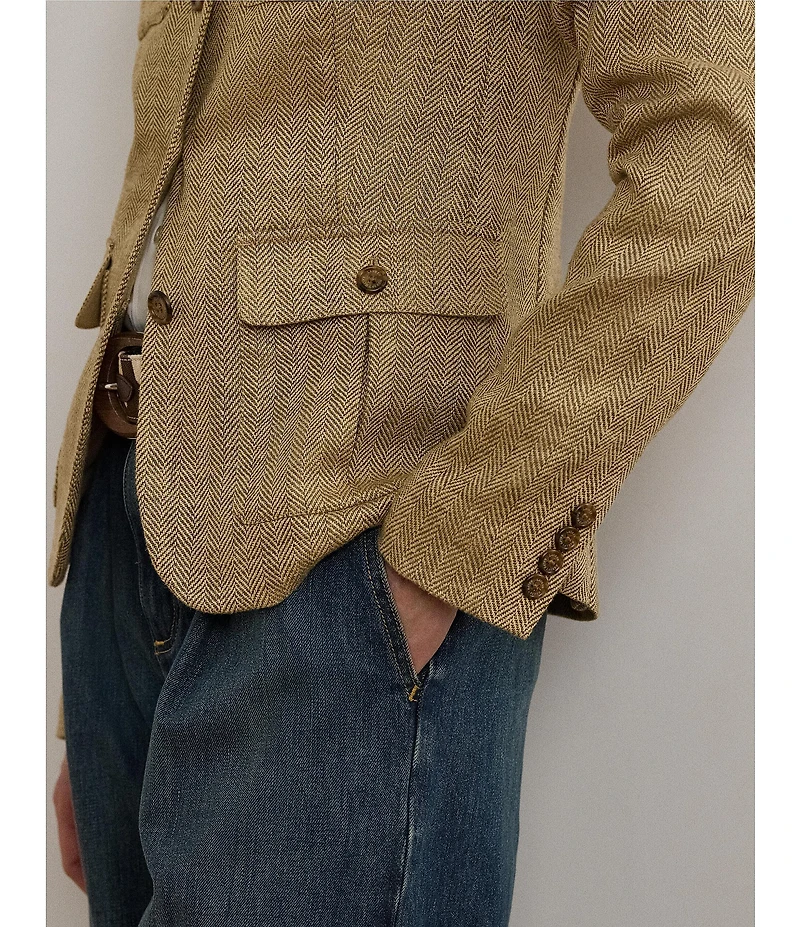 Lauren Ralph Lauren Petite Size Herringbone Linen Band Collar Long Sleeve Button Front Jacket