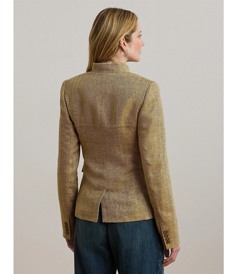 Lauren Ralph Lauren Petite Size Herringbone Linen Band Collar Long Sleeve Button Front Jacket