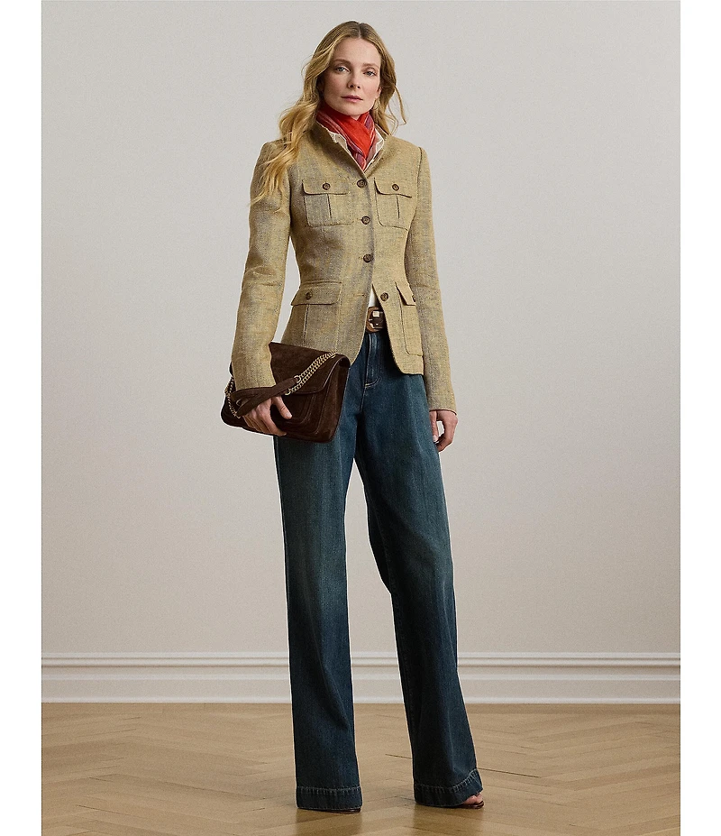 Lauren Ralph Lauren Petite Size Herringbone Linen Band Collar Long Sleeve Button Front Jacket