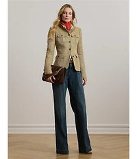 Lauren Ralph Lauren Petite Size Herringbone Linen Band Collar Long Sleeve Button Front Jacket