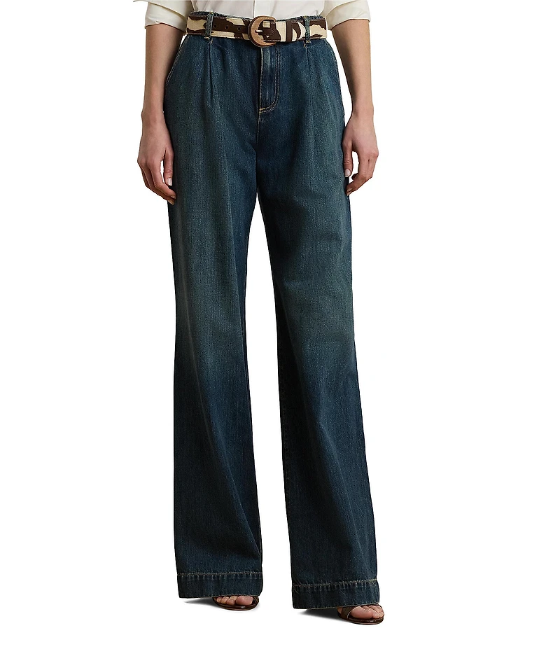Lauren Ralph Lauren Petite Size High-Rise Pleated Wide-Leg Denim Pocketed Jeans
