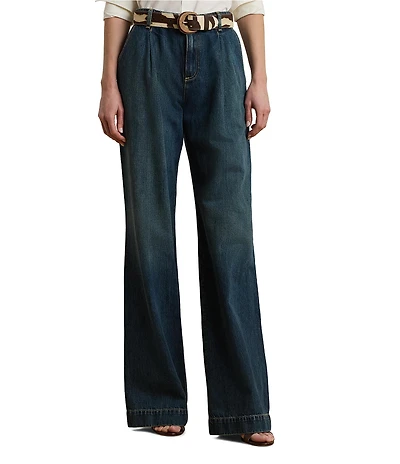 Lauren Ralph Lauren Petite Size High-Rise Pleated Wide-Leg Denim Pocketed Jeans
