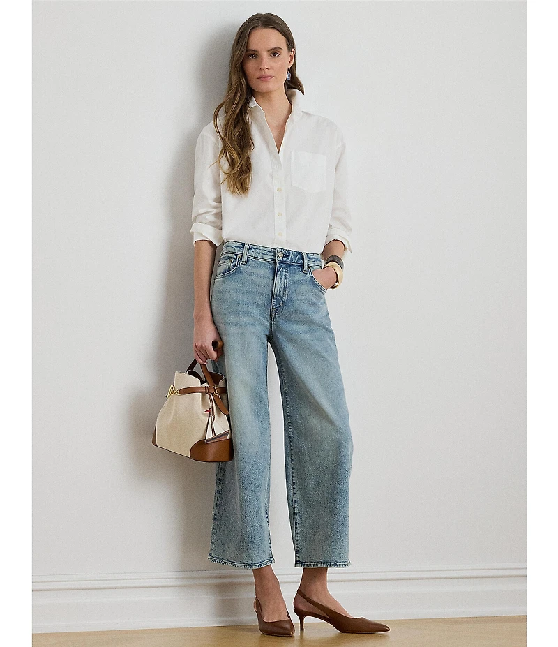 Lauren Ralph Lauren Petite Size High-Rise Wide-Leg Denim Twill Cropped Jeans