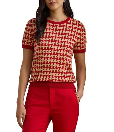 Lauren Ralph Lauren Petite Size Houndstooth Jacquard Crew Neck Short Sleeve Sweater Top
