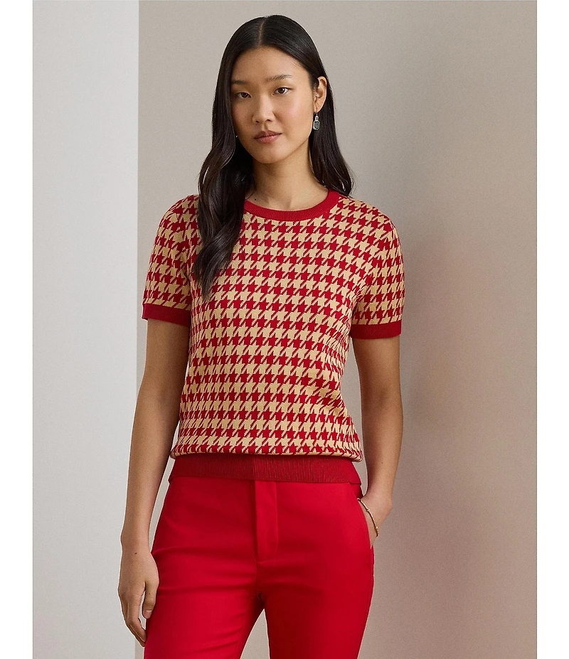 Lauren Ralph Lauren Petite Size Houndstooth Jacquard Crew Neck Short Sleeve Sweater Top