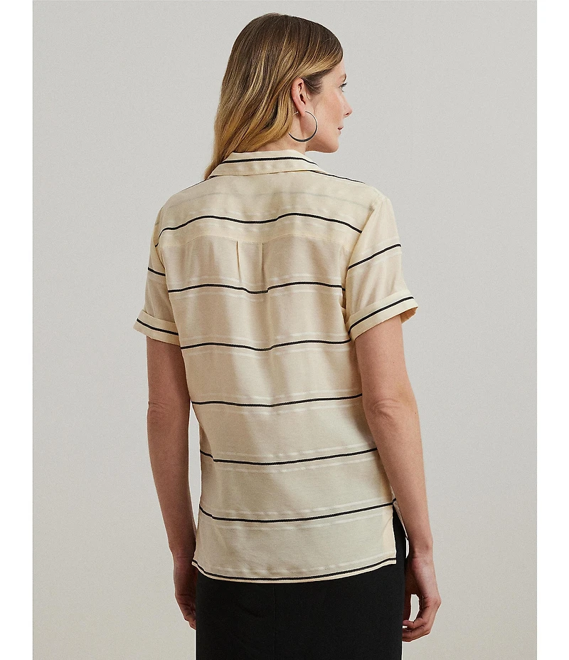 Lauren Ralph Lauren Petite Size Lightweight Striped Camp Collar Short Sleeve Button Front Camp Shirt