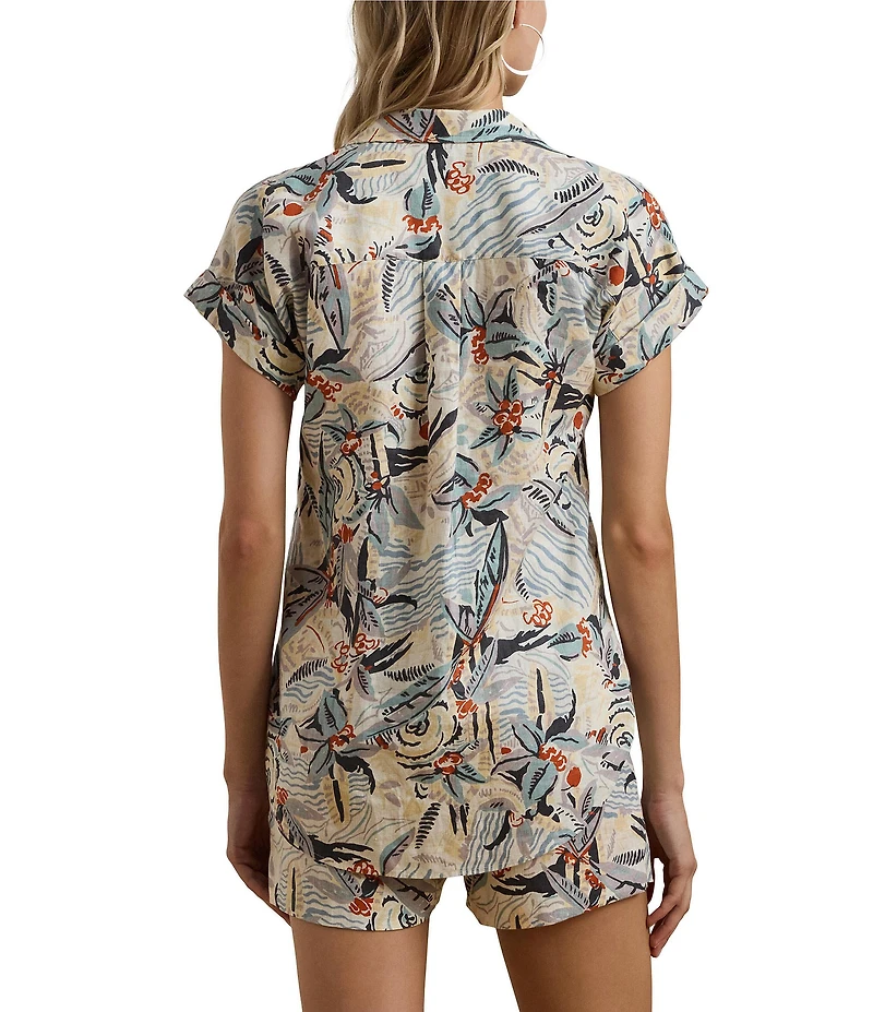 Lauren Ralph Lauren Petite Size Linen Abstract Print Point Collar Short Sleeve Button-Front Shirt