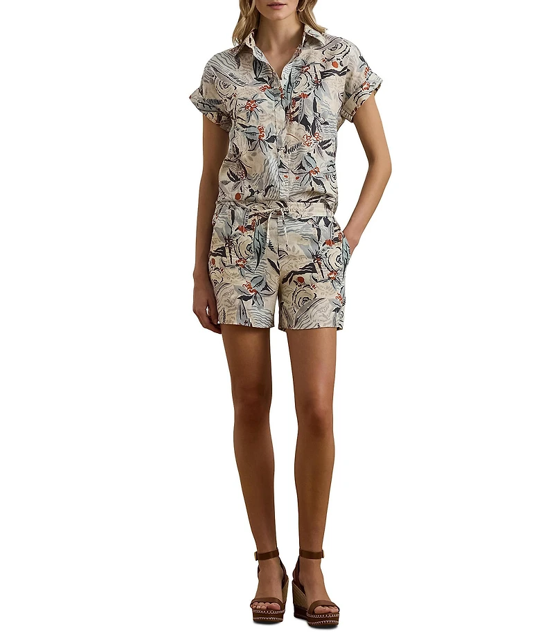 Lauren Ralph Lauren Petite Size Linen Abstract Print Point Collar Short Sleeve Button-Front Shirt