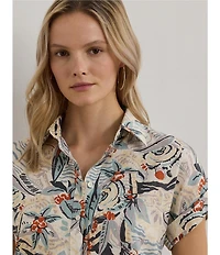 Lauren Ralph Lauren Petite Size Linen Abstract Print Point Collar Short Sleeve Button-Front Shirt