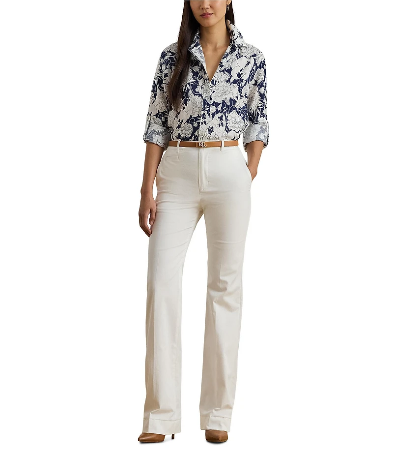Lauren Ralph Lauren Petite Size Linen Floral Point Collar Long Roll-Tab Sleeve Button Front Shirt