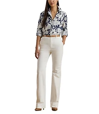 Lauren Ralph Lauren Petite Size Linen Floral Point Collar Long Roll-Tab Sleeve Button Front Shirt
