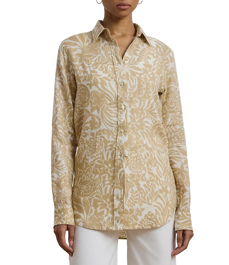 Lauren Ralph Lauren Petite Size Linen Floral Point Collar Long Roll-Tab Sleeve Button Front Shirt