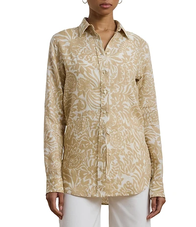 Lauren Ralph Lauren Petite Size Linen Floral Point Collar Long Roll-Tab Sleeve Button Front Shirt