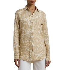 Lauren Ralph Lauren Petite Size Linen Floral Point Collar Long Roll-Tab Sleeve Button Front Shirt