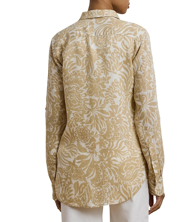 Lauren Ralph Lauren Petite Size Linen Floral Point Collar Long Roll-Tab Sleeve Button Front Shirt