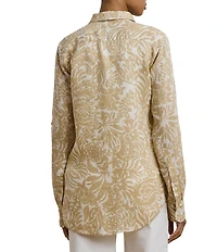 Lauren Ralph Lauren Petite Size Linen Floral Point Collar Long Roll-Tab Sleeve Button Front Shirt
