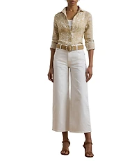 Lauren Ralph Lauren Petite Size Linen Floral Point Collar Long Roll-Tab Sleeve Button Front Shirt