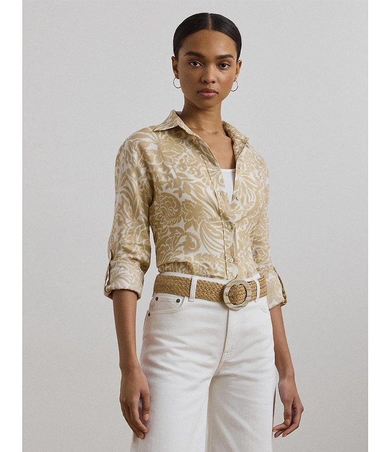 Lauren Ralph Lauren Petite Size Linen Floral Point Collar Long Roll-Tab Sleeve Button Front Shirt