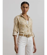 Lauren Ralph Lauren Petite Size Linen Floral Point Collar Long Roll-Tab Sleeve Button Front Shirt