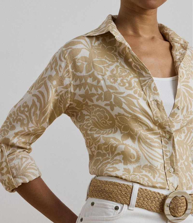 Lauren Ralph Lauren Petite Size Linen Floral Point Collar Long Roll-Tab Sleeve Button Front Shirt