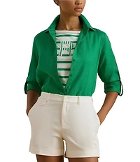 Lauren Ralph Lauren Petite Size Linen Point Collar Long Roll-Tab Sleeve Button-Front Shirt