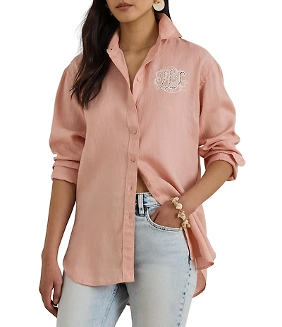 Lauren Ralph Lauren Petite Size Linen Point Collar Long Sleeves Button-Front Shirt