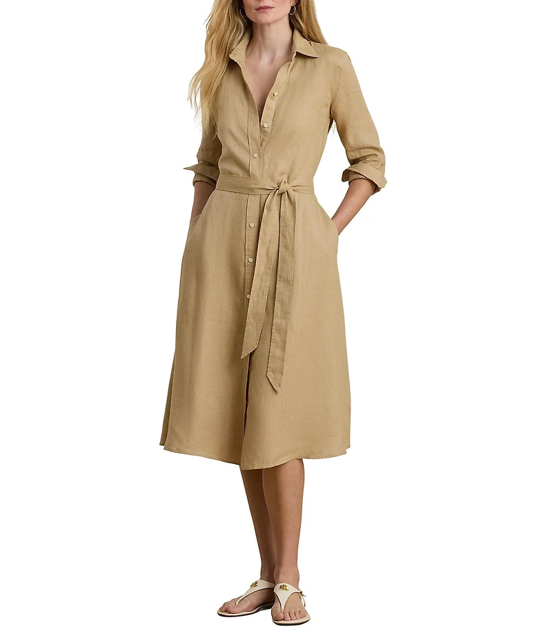 Lauren Ralph Lauren Petite Size Linen Point Collar Neckline Long Button Cuff Sleeves Belted Midi Shirt Dress