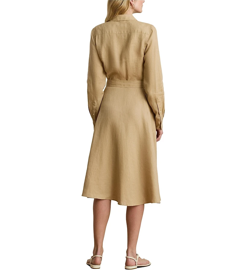 Lauren Ralph Lauren Petite Size Linen Point Collar Neckline Long Button Cuff Sleeves Belted Midi Shirt Dress