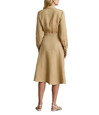 Lauren Ralph Lauren Petite Size Linen Point Collar Neckline Long Button Cuff Sleeves Belted Midi Shirt Dress
