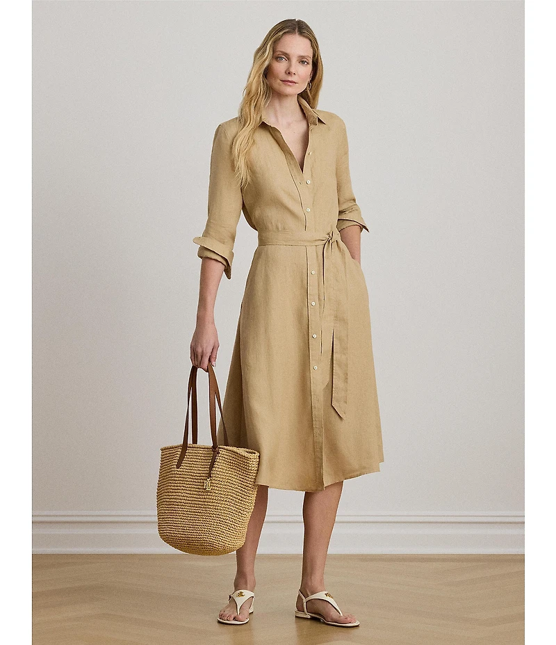 Lauren Ralph Lauren Petite Size Linen Point Collar Neckline Long Button Cuff Sleeves Belted Midi Shirt Dress